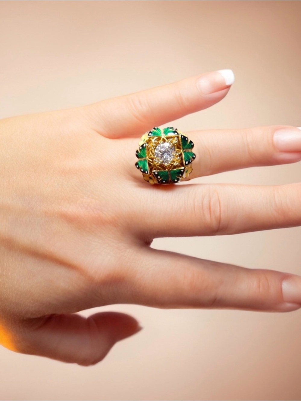 Gold Plated Sterling Silver Butterfly Ring: Vintage Enamel Flower Design